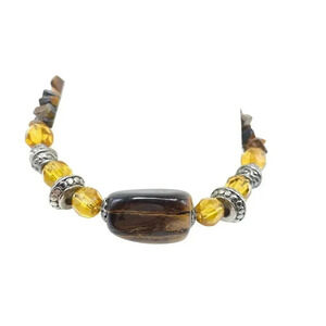 Brown Tiger's Eye Yellow Crystal Vintage Silver Tone Stretch Bracelet